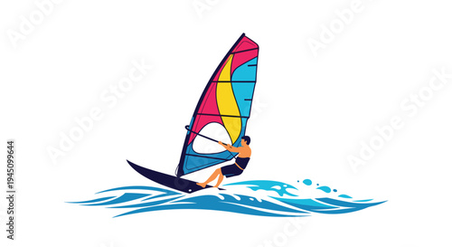 Athletic man windsurfing on a colorful sail over blue ocean waves during a sunny summer day for an exciting vacation water sport experience.