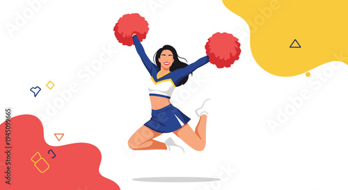 Energetic female cheerleader in a blue and white uniform jumping high while holding red pom poms against a dynamic colorful background.