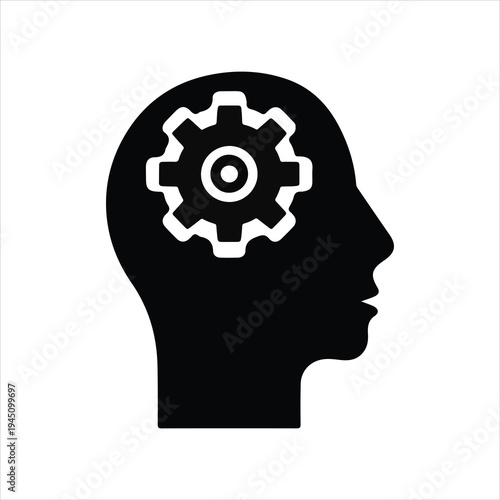 Human head silhouette profile with gears and mechanical brain concept illustration as a vector symbol for human intelligence, creativity, and technological thinking.