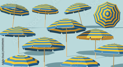 Top down view of a repeating pattern of blue and yellow striped beach umbrellas cast against a pale blue background for a summer theme.