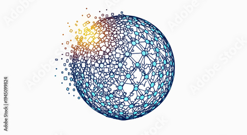 Global Data Disruption Concept: Minimalist Tech Sphere with Exploding Geometric Shapes