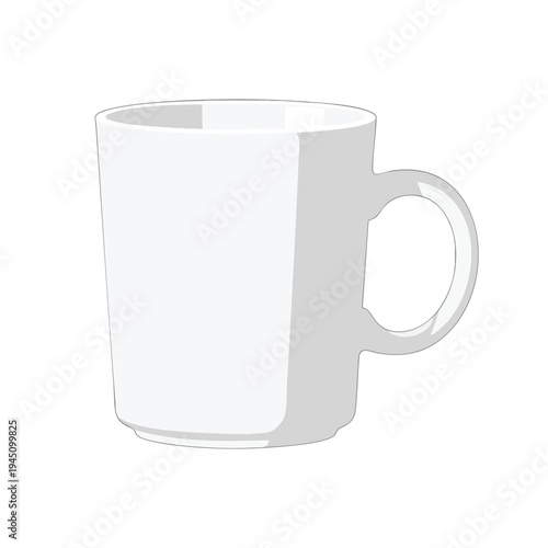 Simple, white ceramic mug with a C-shaped handle, isolated on a white background