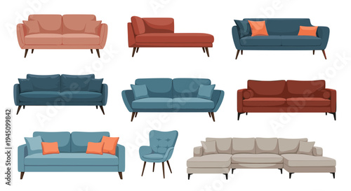 Collection of modern living room furniture including different styles and colors of sofas, couches, a chaise longue, and a blue armchair.