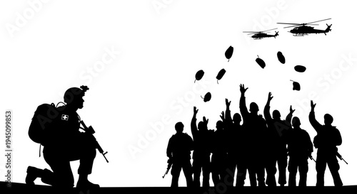 Soldier Airdropping Supplies to Troops via Helicopter