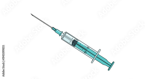Medical syringe with a sharp needle filled with teal liquid and a plunger in a clean professional illustration style for healthcare concepts.