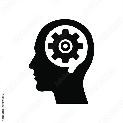 Human head silhouette profile with gears and mechanical brain concept illustration as a vector symbol for human intelligence, creativity, and technological thinking.