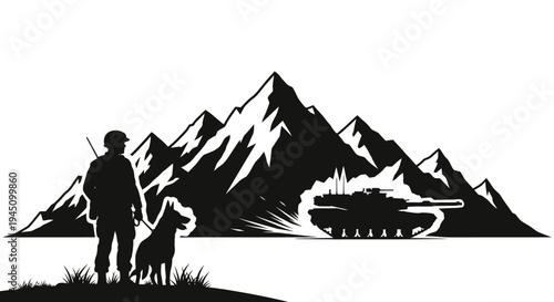 Soldier and Dog Silhouette with Tank and Mountains - Military Scene