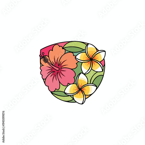 A shield-shaped emblem with pink, orange, and yellow tropical flowers and green leaves