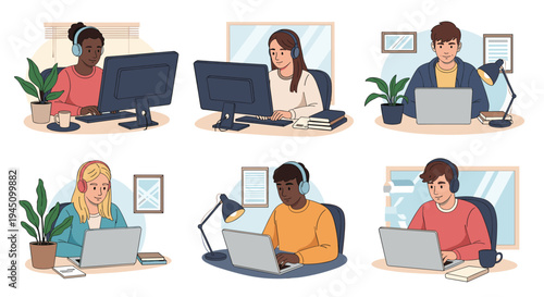 Set of diverse individuals including men and women working at their desks with computers and laptops in a modern office or home setting.