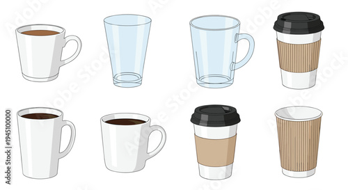 Collection of different coffee containers including ceramic mugs, glass tumblers, and disposable paper cups with lids for cafe or home use.