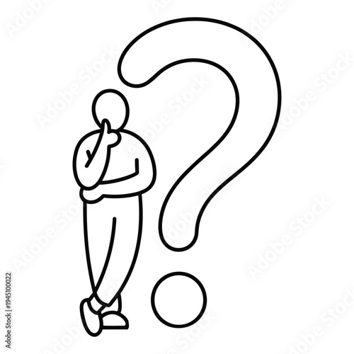 Simple line drawing of a person contemplating a large question mark with a small circle