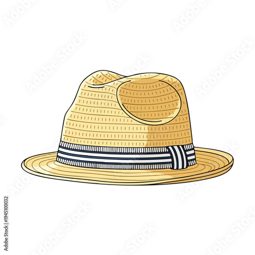 A woven straw fedora with a striped ribbon band and wide brim