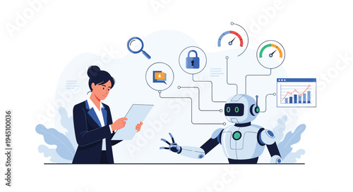Professional woman collaborating with a modern white robot showing data charts, locks, and gauges to represent artificial intelligence in business.