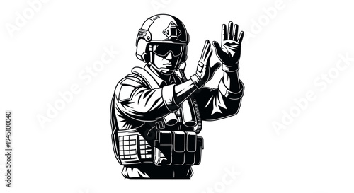 Soldier Signaling Halt, Tactical Gear, Military Operation, Stop Gesture