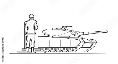 Soldier Standing Next to a Modern Tank - Military Vehicle and Personnel
