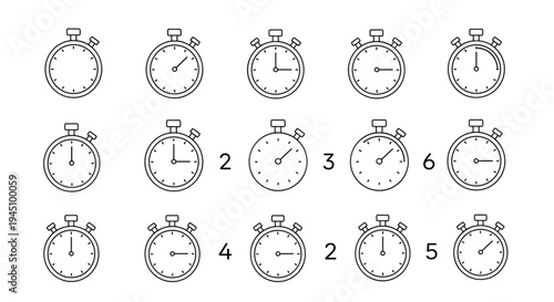Detailed grid of fifteen simple line art stopwatches showing various time increments and numbers for tracking duration and countdowns.