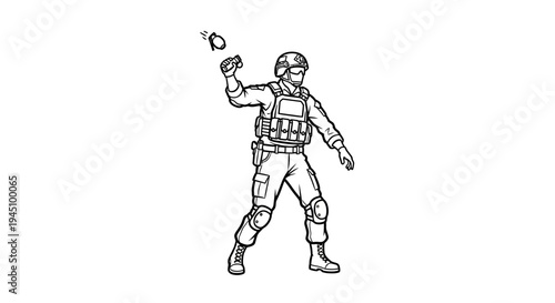Soldier throwing grenade, military action, combat, war, army, special forces, illustration
