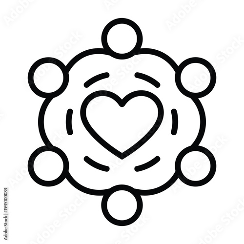 Stylized graphic symbol of community connection and shared love with surrounding figures around a central heart shape