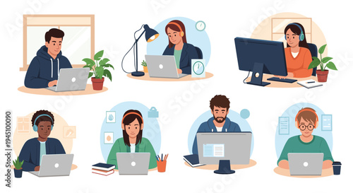 Group of seven diverse young adults working productively on their laptops and desktop computers from home or a modern shared office space.