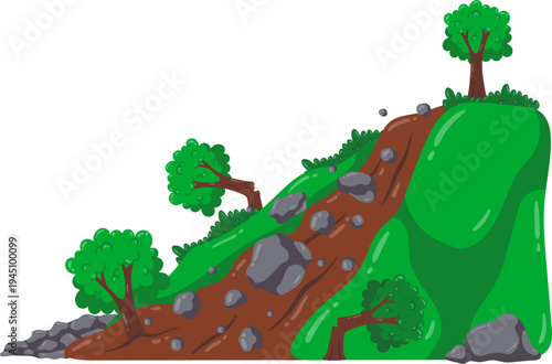 Fotografie Landslide Disaster Steep Slope Illustration With Fallen Trees