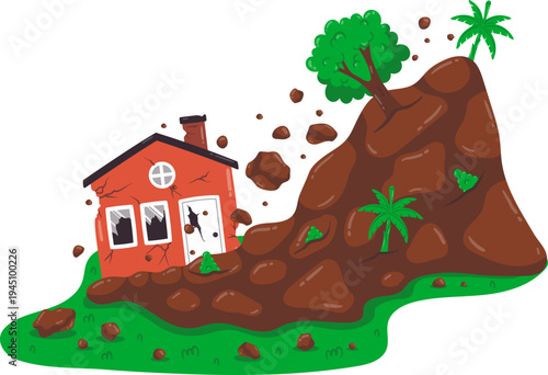 Landslide Disaster Slope House Illustration With Collapsed Ground