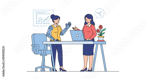 Two women discussing business over a laptop in modern office setting with one woman featuring robotic prosthetic arms.