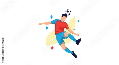 Athletic soccer player jumping to head a football with stars and abstract shapes in dynamic sport illustration.