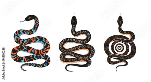 Three coiled snakes featuring intricate colorful patterns and geometric designs isolated on a plain white background.
