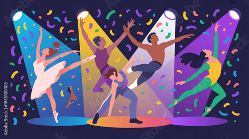 Diverse group of people dancing under colorful spotlights with confetti celebrating joy and freedom on a vibrant night