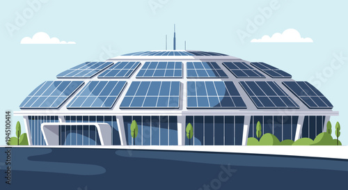 Modern circular architectural building featuring a glass facade and rooftop solar panels for sustainable energy.