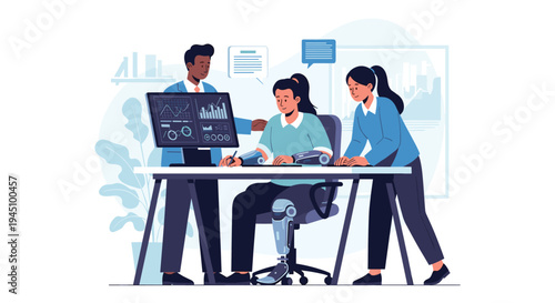 Group of diverse professionals working together around a computer desk including individuals with prosthetic limbs.