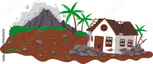 Landslide Disaster Damaging House Near Mountain Slope