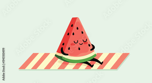 Adorable cartoon watermelon slice sleeping peacefully on a colorful striped beach towel under a clear light green sky.