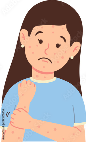 Animated Girl Has Red Acne Rash While Scratching Arm