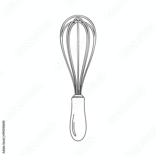 Line drawing of a whisk with a rounded handle and wire loops