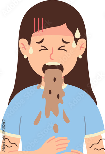 Sick Woman Nausea and Vomiting with Pain and Sweating Expression