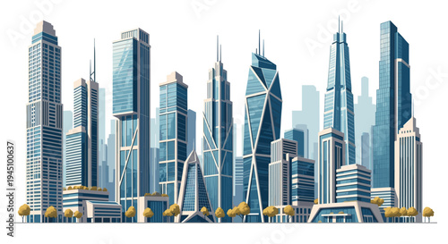 Modern urban city skyline with diverse blue glass skyscrapers and office buildings under a clear daytime sky.