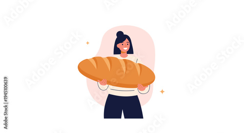 Happy young woman holding a giant loaf of freshly baked crusty bread against a soft pink background with small stars.