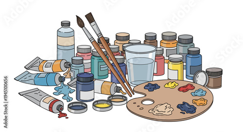 Cluttered collection of various paint jars tubes brushes and palette for an artistic creative studio workspace.