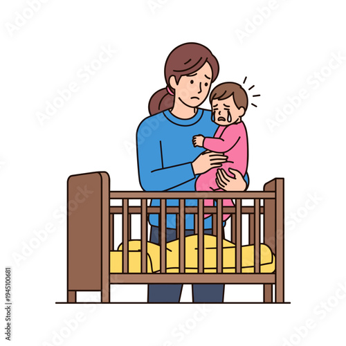 A woman holding a crying child in a crib