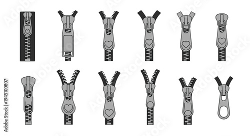 Collection of twelve different zipper designs in various open and closed positions with decorative heart shaped pullers.