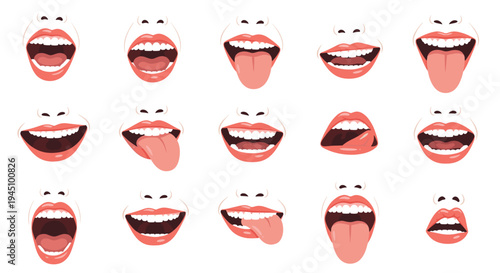 Collection of fifteen illustrations of human mouths and lips showing various expressions like smiling and sticking out tongue.