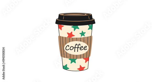 Takeaway coffee cup with a brown sleeve and festive star pattern on the white paper container isolated on white.