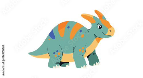 Cartoon parasaurolophus dinosaur with colorful spots and stripes walking in a friendly pose on a plain white background.