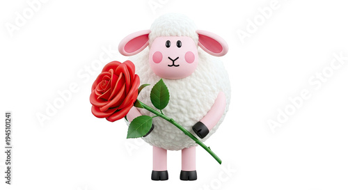 Cute cartoon sheep holding a red rose