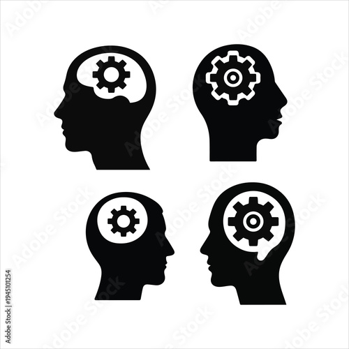 A creative vector illustration of a human head silhouette featuring gears and cogs to symbolize thinking, intelligence, and the complex mechanics of the human mind and business ideas