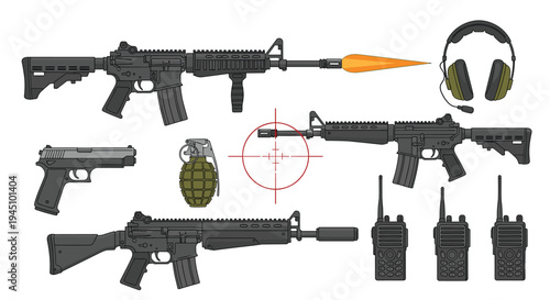 Collection of tactical gear and firearms including assault rifles, a pistol, grenade, radios, and ear protection.
