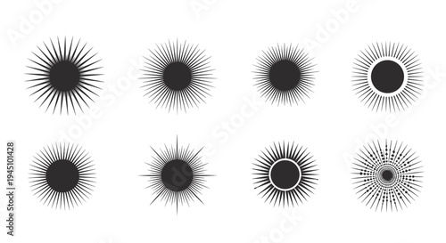 Set of eight black sunburst and radiant circle symbols featuring various ray patterns and designs for graphic use.