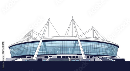 Large modern sports stadium with a blue glass facade and white tension structures against a clean white background.