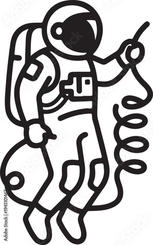 Astronaut in space suit holding phone and cable wire abstract line art